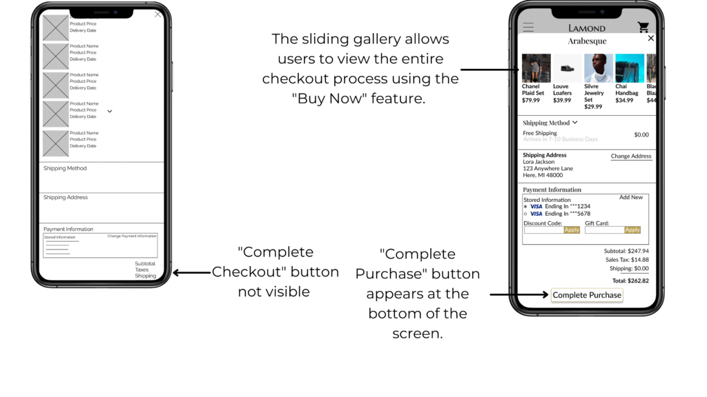"Complete Checkout" button not visible. The sliding gallery allows users to view the entire checkout process using the "Buy Now" feature. "Complete Purchase" button appears at the bottom of the screen. 