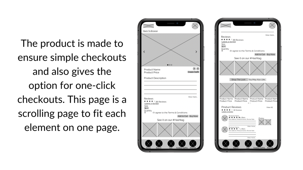 The product page is made to ensure simple checkouts and also gives the option for one-click checkouts. This page is a scrolling page to fit each element on one page.